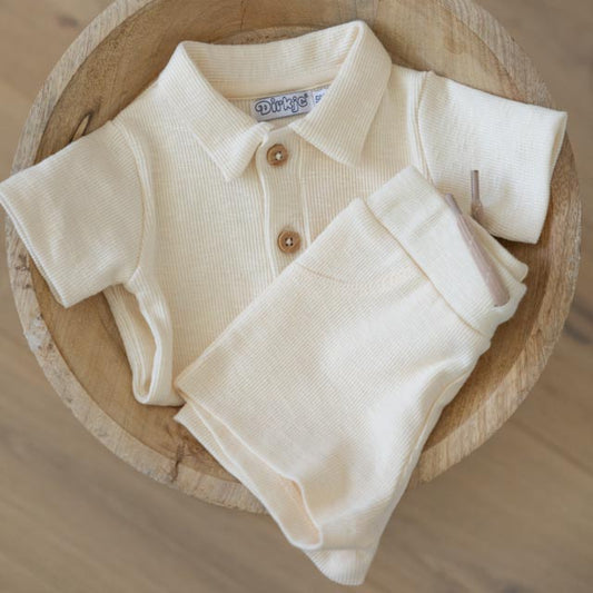Dirkje Baby Jungen 2 Sets – Polostrampler & Shorts – Hellblau/Off-White "Love"