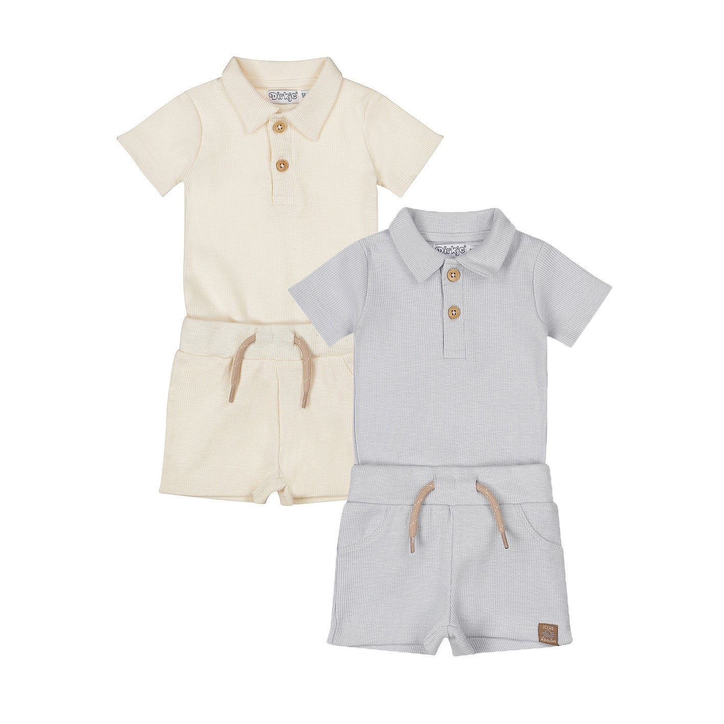 Dirkje Baby Jungen 2 Sets – Polostrampler & Shorts – Hellblau/Off-White "Love"